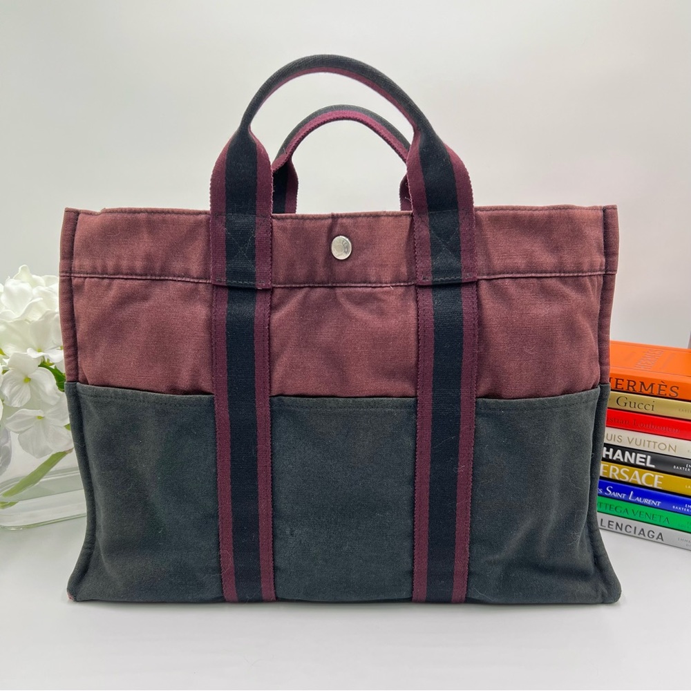 GUC Hermés Fourre Tout Tote Bag Black & Burgundy Canvas